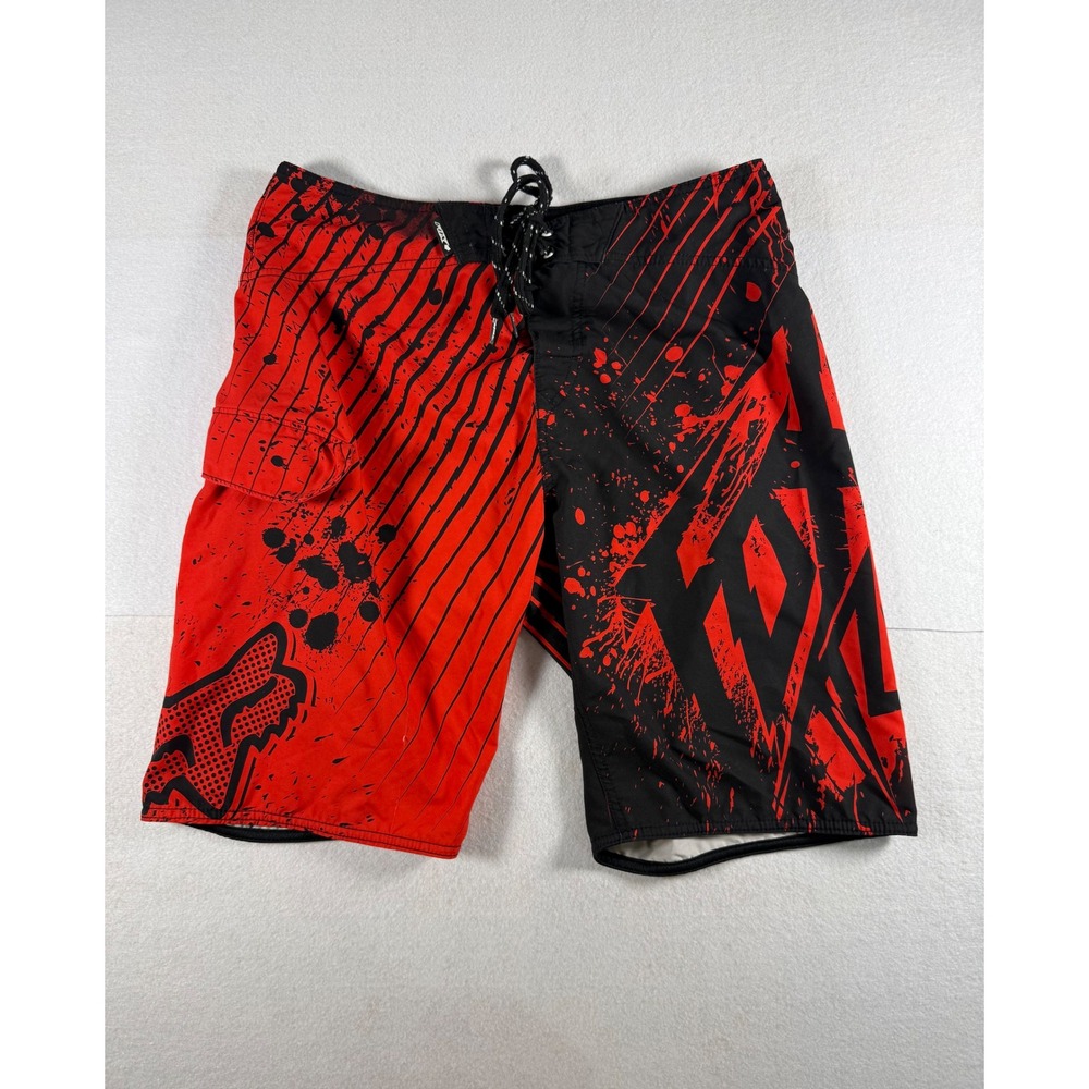 Fox Racing Mens Red Black Graphic Board Shorts Size 34 Motocross Swim Trunks